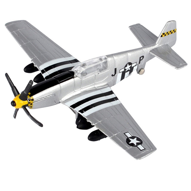 This is a diecast metal replica of the aircraft flown during World War II featuring the "D-Day markings", black and white stripes on the fuselage and wings. This replica has a 4.5 inch wingspan and measures 3.5 inches long. Kids can use their imagination to create tactical flights, air defense operations, and ground attacks! Great value! INWW51 P-51 Mustang Diecast Metal Fighter