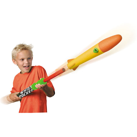 Child using the Deluxe 28 Inch Long Playset including a 12 Inch Long Colorful Foam Rocket with Whistling Flight Action that works via Air Pressure and flies up to 35 Feet!