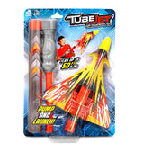 Tube Jet air powered flyer packaging with toy on a blue background