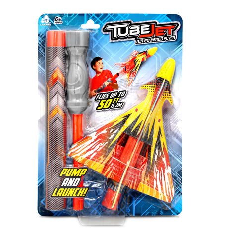 Tube Jet air powered flyer packaging with toy on a blue background