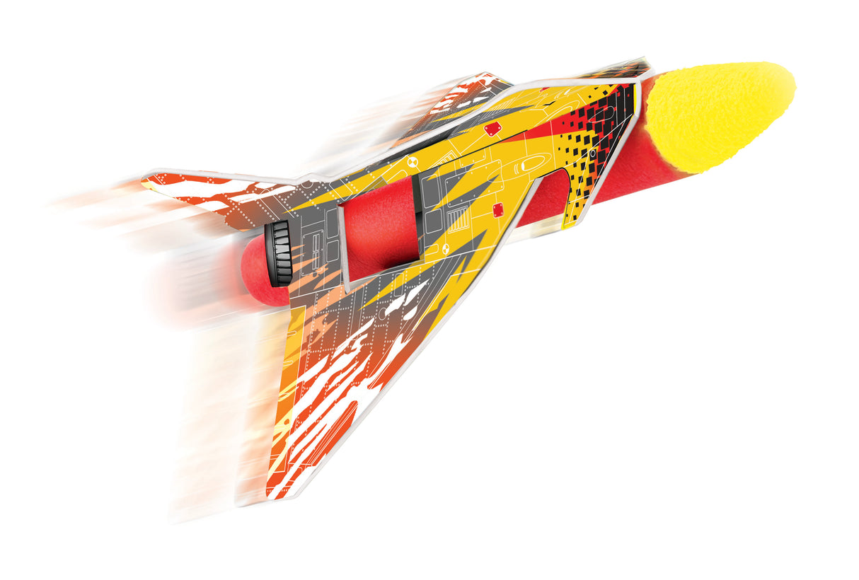 Colorful toy airplane that flies with red, yellow, and black design on a white background