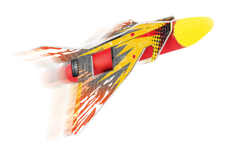 Colorful toy airplane that flies with red, yellow, and black design on a white background