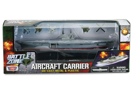 This 9 inch metal collectible diecast aircraft carrier replica moves easily on hidden wheels. Battle Zone brand, comes with display stand and 5 micro diecast aircraft included RedBox / Motormax InAir
