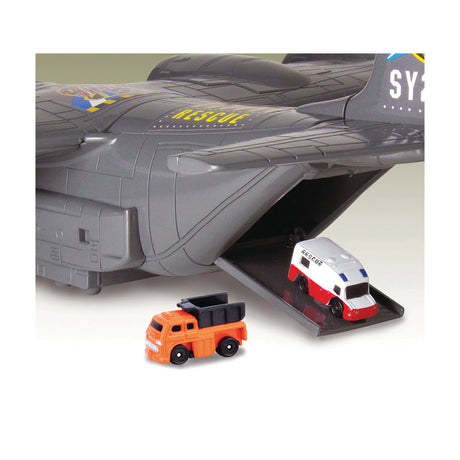 This jumbo transporter features a huge 19” wingspan with different opening doors and hatches on the nose, wings and rear of the aircraft for carrying lots of cargo!&nbsp;
Playset includes two diecast metal vehicles.