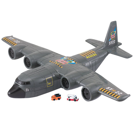 This jumbo transporter features a huge 19” wingspan with different opening doors and hatches on the nose, wings and rear of the aircraft for carrying lots of cargo!&nbsp;
Playset includes two diecast metal vehicles.