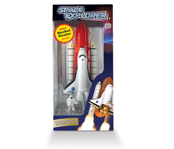 Youngsters can simulate their own space shuttle blast-off with this deluxe playset! Each set contains highly detailed, authentic space vehicles based on actual NASA designs! Features include: Pull back and go Space Shuttle, Removable solid rocket boosters, metal bay doors open to reveal a satellite and Educational 100 Years of Rocketry poster