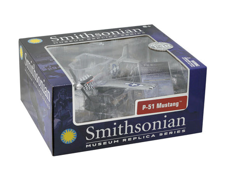 1:48 Scale Die Cast Metal Replica Model of a North American P-51 Mustang World War II Fighter Bomber Aircraft with Historically Accurate Markings, Display Stand and Educational Collectors Card in its Original Packaging.