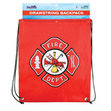 Red Adjustable Drawstring Backpack with Imprinted Fire Department Badge Insignia made from 100% Polyester in its Original Packaging by InAir.