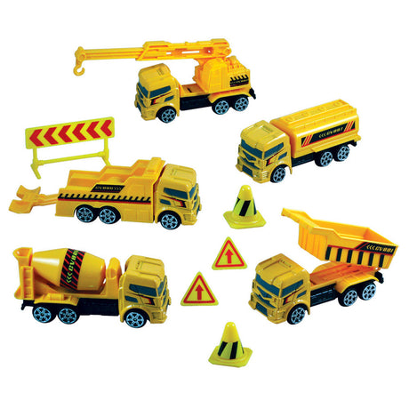 10-Piece 1:64 Scale Playset that comes in a Backpack Carry Case Featuring 5 Die Cast Metal Construction Vehicles with Moving Parts, Plastic Accessories, and Realistic Playmat by RedBox / Motormax.
