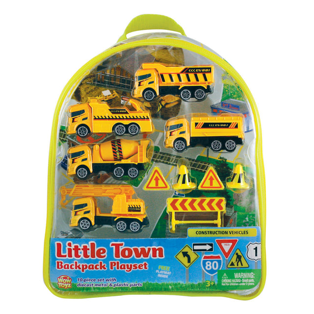 10-Piece 1:64 Scale Playset that comes in a Backpack Carry Case Featuring 5 Die Cast Metal Construction Vehicles with Moving Parts, Plastic Accessories, and Realistic Playmat by RedBox / Motormax.