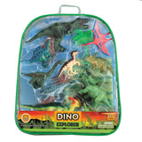 15-Piece Playset that comes in a Backpack Carry Case Featuring 10 Realistic Plastic Dinosaurs, Trees, Plant Life, Rocks and a 12 x 17 inch Playmat. WowToyz Dinosaur Explorer Backpack Playset toy.