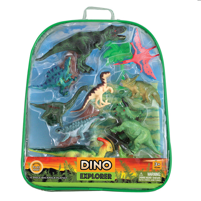 15-Piece Playset that comes in a Backpack Carry Case Featuring 10 Realistic Plastic Dinosaurs, Trees, Plant Life, Rocks and a 12 x 17 inch Playmat. WowToyz Dinosaur Explorer Backpack Playset toy.