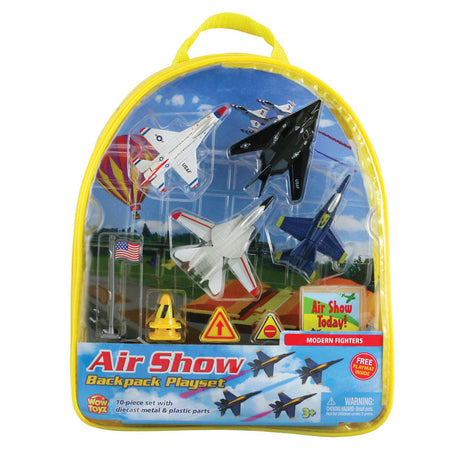 WowToyz Modern toy airplanes - 10-Piece 1:64 Scale Playset that comes in a Backpack Carry Case Featuring 4 Die Cast Metal Modern Stealth and Fighter Aircraft with Moving Parts, Plastic Accessories, and Realistic Playmat by RedBox / Motormax. F-117 Nighthawk, F/A-18 Hornet Blue Angels, F-16 Fighting Falcon Thunderbirds, and F-14 Swing Wings Tomcat.