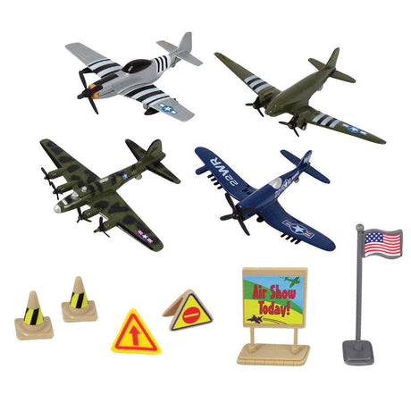 10-Piece WowToyz Backpack Playset Featuring 4 Diecast Metal World War II Fighter & Bomber Toy Airplanes and Plastic Accessories, and Realistic Playmat by RedBox / Motormax. P-51 Mustang, C-47 Skytrain (DC-10), B-17 Flying Fortress, F4U Corsair.