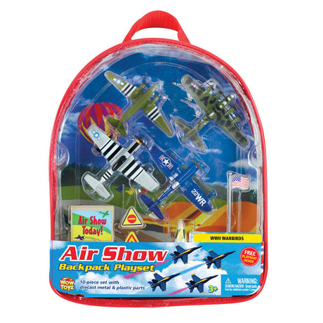 10-Piece WowToyz Backpack Playset Featuring 4 Diecast Metal World War II Fighter & Bomber Toy Airplanes and Plastic Accessories, and Realistic Playmat by RedBox / Motormax. P-51 Mustang, C-47 Skytrain (DC-10), B-17 Flying Fortress, F4U Corsair.