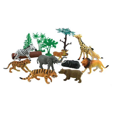 Explore the wonders of nature with our Animal Explorer Series! This collection includes highly realistic wild animal replicas that educate children about their world and lets their imagination grow. 15 plastic animals measure 2 - 5 inches long Includes full color playmat! Reusable backpack for toy storage Featuring 9 Colorful Plastic Wild Animals, Trees, Plant Life, Rocks and a 12 x 17 inch Playmat.
