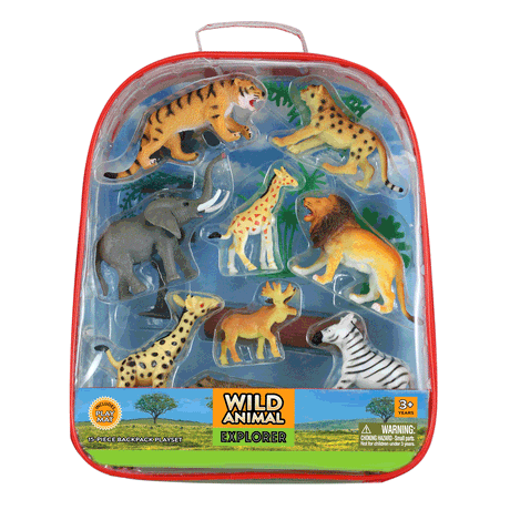 Explore the wonders of nature with our Animal Explorer Series! This collection includes highly realistic wild animal replicas that educate children about their world and lets their imagination grow. 15 plastic animals measure 2 - 5 inches long Includes full color playmat! Reusable backpack for toy storage Featuring 9 Colorful Plastic Wild Animals, Trees, Plant Life, Rocks and a 12 x 17 inch Playmat.