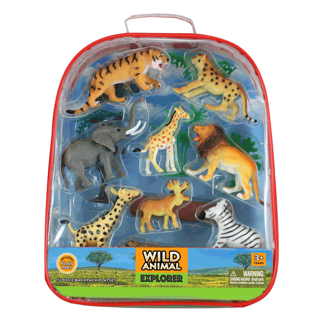 Explore the wonders of nature with our Animal Explorer Series! This collection includes highly realistic wild animal replicas that educate children about their world and lets their imagination grow. 15 plastic animals measure 2 - 5 inches long Includes full color playmat! Reusable backpack for toy storage Featuring 9 Colorful Plastic Wild Animals, Trees, Plant Life, Rocks and a 12 x 17 inch Playmat.