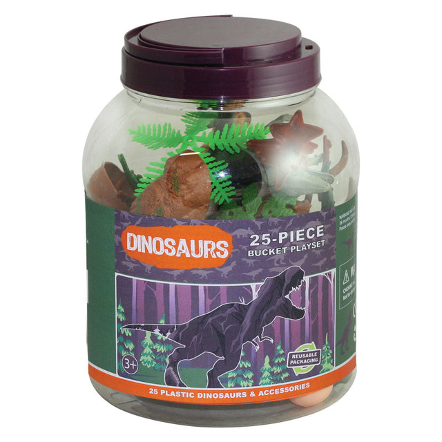 This giant deluxe collection of realistic dinosaurs and accessories comes in an eco-friendly, reusable bucket for hours of imaginative play and convenient storage! Bucket lid featurse a twist locking mechanism to keep the pieces in place for travel or storage.  25 assorted plastic dinosaurs and accessories, 3” - 5” long Sustainable toys