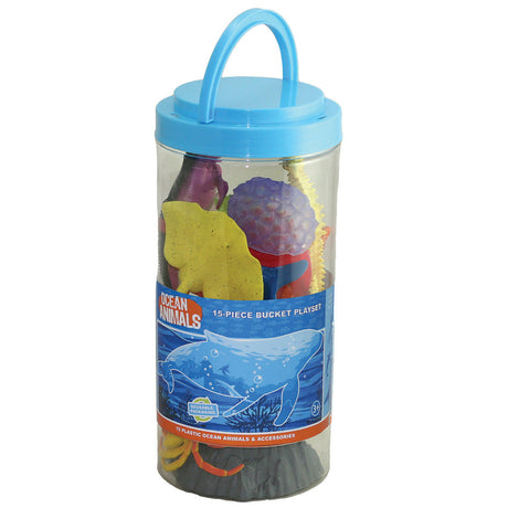 This collection of authentically detailed sea creatures and accessories comes in an eco-friendly, reusable bucket for hours of imaginative play and convenient storage! Bucket lids feature a twist locking mechanism to keep the pieces in place for travel or storage.  15 assorted plastic sea creatures and accessories, 3” - 5” long WTBULO