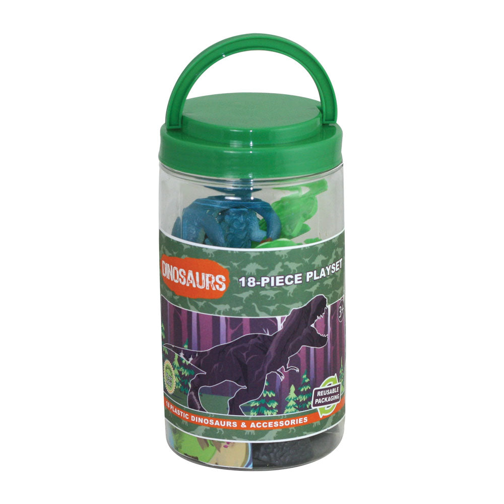 This collection of authentically detailed dinosaurs and accessories comes in an eco-friendly, reusable bucket for hours of imaginative play and convenient storage! Bucket lids feature a twist locking mechanism to keep the pieces in place for travel or storage. Free playmat included!   18 assorted plastic dinosaurs, accessories and playmat, dinosaurs measure 3” long Mini Bucket Sustainable Toys
