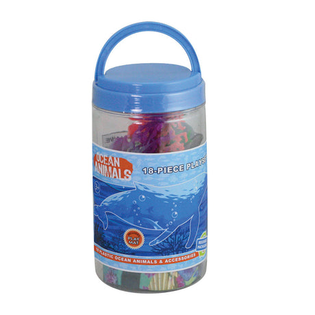 This collection of authentically detailed ocean animals and accessories comes in an eco-friendly, reusable bucket for hours of imaginative play and convenient storage! Bucket lids feature a twist locking mechanism to keep the pieces in place for travel or storage. Free playmat included!  18 assorted plastic sea creatures, accessories and playmat, animals measure 3” long Mini Bucket Sustainable toys