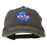 Black Pigment Dyed 100% Washed Cotton Black Baseball Dad Cap Hat featuring Embroidered Official NASA Logo Insignia with One Size Fits All Adjustable Buckle Strap Closure.