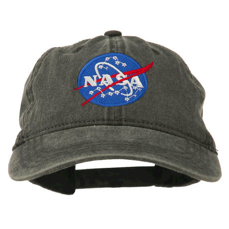 Black Pigment Dyed 100% Washed Cotton Black Baseball Dad Cap Hat featuring Embroidered Official NASA Logo Insignia with One Size Fits All Adjustable Buckle Strap Closure.