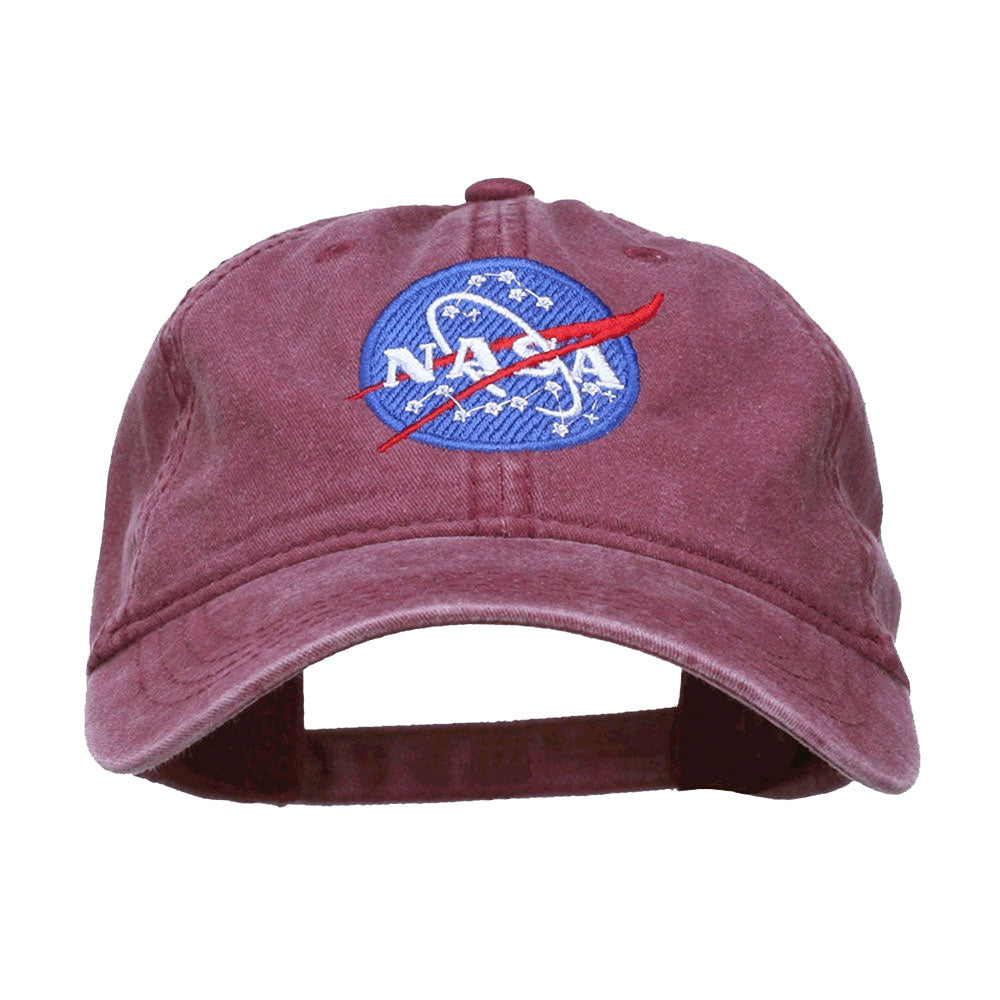 Maroon Pigment Dyed 100% Washed Cotton Baseball Dad Cap Hat featuring Embroidered Official NASA Logo Insignia with One Size Fits All Adjustable Buckle Strap Closure in 4 Assorted Colors.