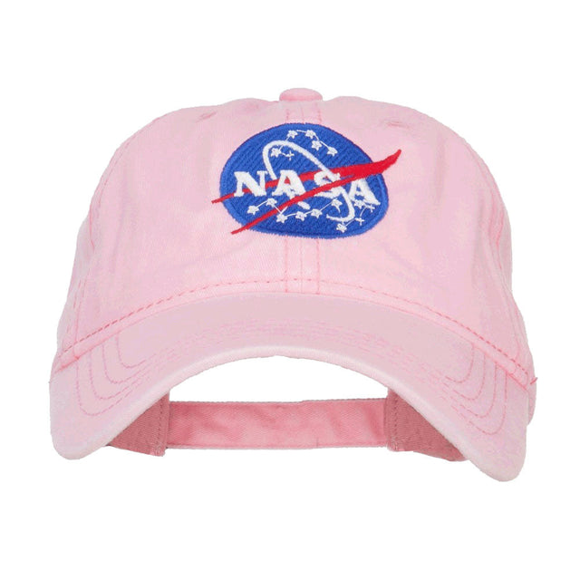Pink Pigment Dyed 100% Washed Cotton Baseball Dad Cap Hat featuring Embroidered Official NASA Logo Insignia with One Size Fits All Adjustable Buckle Strap Closure in 4 Assorted Colors.