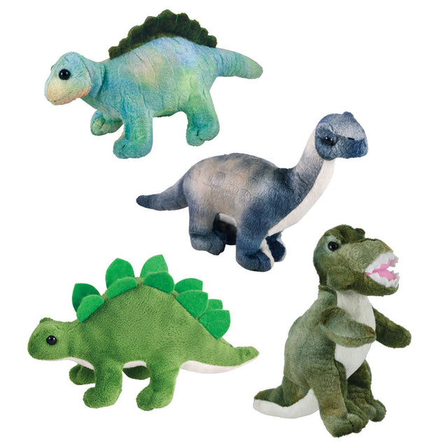 Set of 4 Super Soft Plush Stuffed Animal Dinosaurs featuring a T-Rex, Stegosaurus, Apatosaurus and Spinosaurus each measuring 7 inches long by Cuddle Zoo.