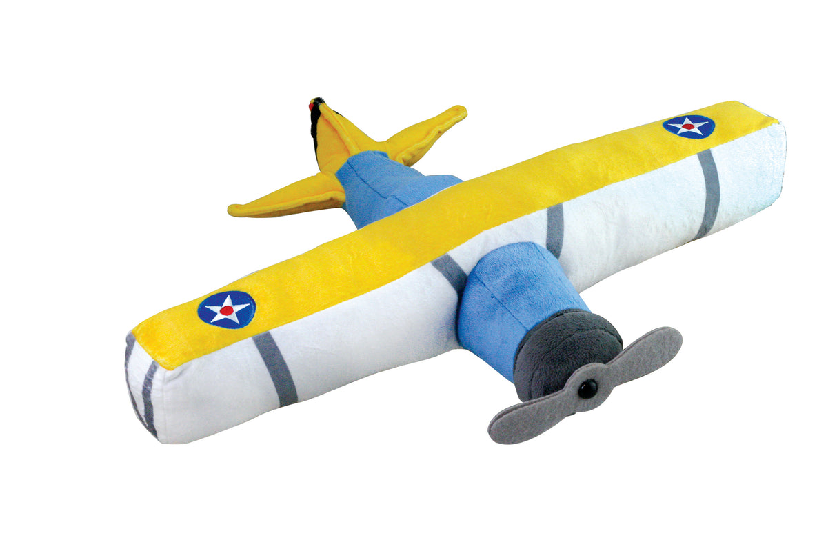 Plush airplane toy with yellow wings and blue body on a white background