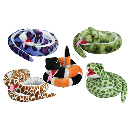 These impressive 58-inch long snakes are made using colorful super-soft plush. Everyone will want to get their hands on these adorable reptiles.  Quantity: 5 Snakes (one of each style) Made of extremely soft high-quality plush Realistic markings Each snake measures 58 inches long