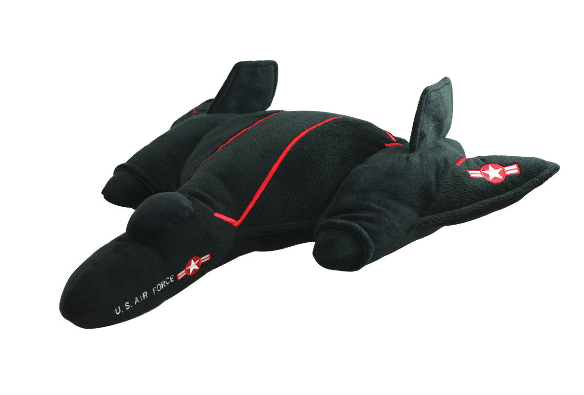 Plush toy airplane model of the SR-71 Blackbird with U.S. Air Force insignia embroidered on fuselage, on a white background