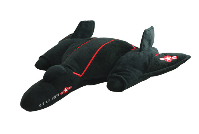 Plush toy airplane model of the SR-71 Blackbird with U.S. Air Force insignia embroidered on fuselage, on a white background