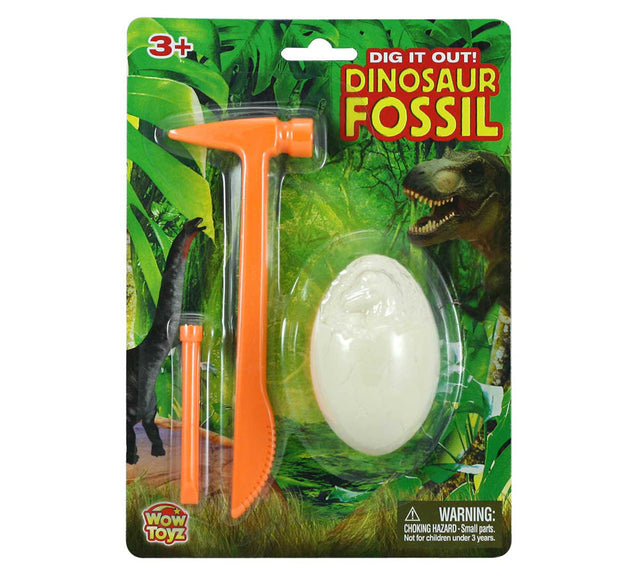 Assorted Plastic Dinosaur Fossils Embedded inside a Breakable Egg which can be Dug Out with the included Hammer and Chisel in its Original Packaging.