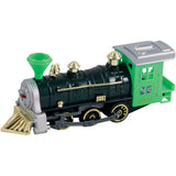 7 Inch Long Green Durable Die Cast Metal and Plastic Steam Locomotive Train featuring Friction Powered Pullback Action and Working Side Rails.