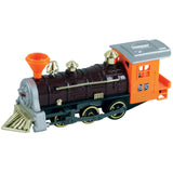 7 Inch Long Orange Durable Die Cast Metal and Plastic Steam Locomotive Train featuring Friction Powered Pullback Action and Working Side Rails.