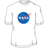100% Preshrunk, Heavyweight White Cotton Short Sleeve T Shirt featuring Screen Printed Official NASA Logo Insignia on the Front.