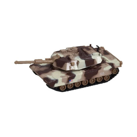 5 Inch Long Durable Die Cast Metal Friction Powered Pullback Action  Camouflage Military Tank with Turret that moves Up and Down Manually and Side to Side when Moving Along. Comes in 6 Assorted Styles.