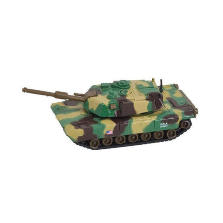 5 Inch Long Durable Die Cast Metal Friction Powered Pullback Action  Camouflage Military Tank with Turret that moves Up and Down Manually and Side to Side when Moving Along. Comes in 6 Assorted Styles.