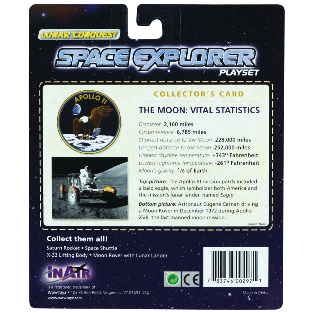 4 Piece Die Cast Metal and Plastic NASA Lunar Conquest Playset including Space Shuttle Orbiter, Lunar Lander, Satellite and Astronaut in EMU Space Suit in its Original Packaging.