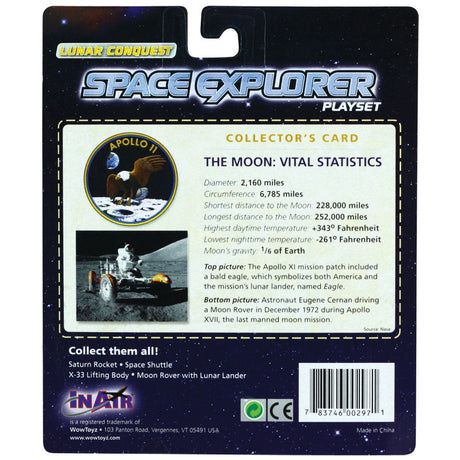 4 Piece Die Cast Metal and Plastic NASA Lunar Conquest Playset including Space Shuttle Orbiter, Lunar Lander, Satellite and Astronaut in EMU Space Suit in its Original Packaging.