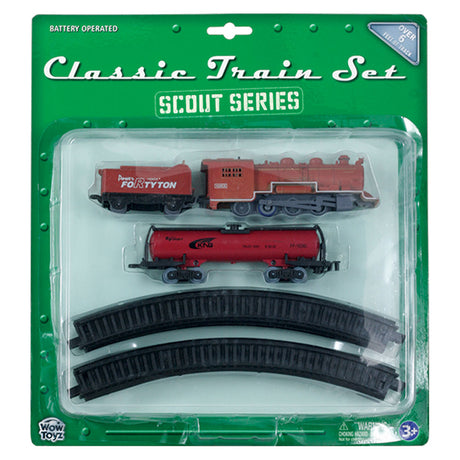 10-Piece Battery Operated Die Cast Metal and Plastic Hobby Model Scout Series Train Set with Red Steam Engine, Coal Car and Freight Car Including 8 Sections of Snap Together Track to Make a 6 Foot Circle.
