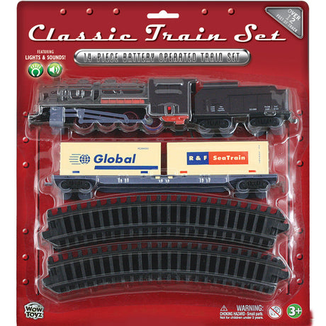 14-Piece Battery Operated Die Cast Metal and Plastic Hobby Model Classic Train Set with Lights & Sounds Steam Engine, Coal Car, Cargo Container Car, and 12 Sections of Curved Track. Comes in Convenient Reusable Carrying Case.