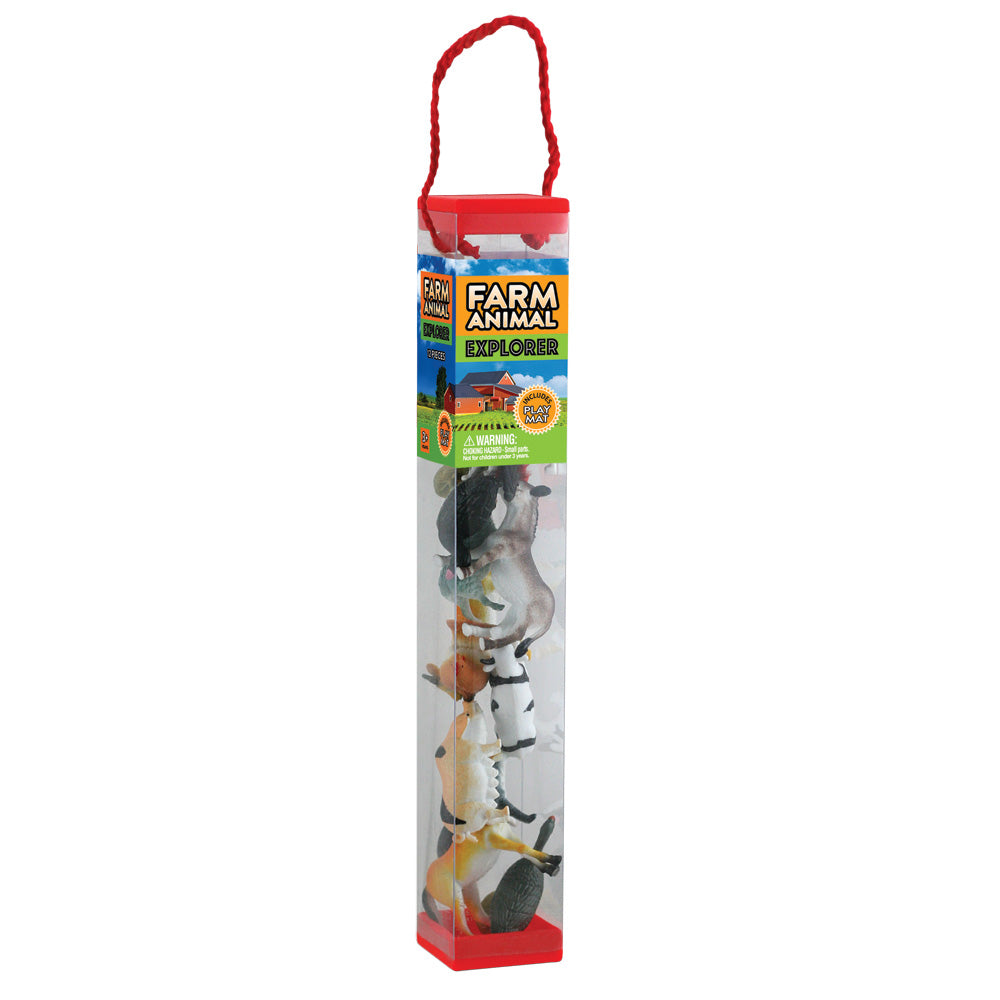 Durable Plastic Tube Playset containing 12 Assorted Colorful Farm Animals with a Full Color Playmat Included.