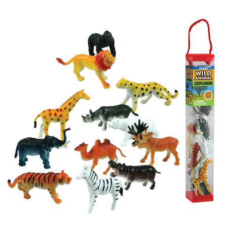 Durable Plastic Tube Playset containing 12 Assorted Colorful Wild Animals with a Full Color Playmat Included.