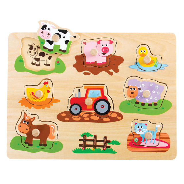 Children’s Beginner Sturdy Easy to Grasp Wooden Peg Puzzle with 8 Easy to Identify Farm Animals. Wood harvested from government approved reforested land.