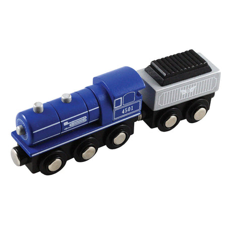 Blue Durable Wooden Train Steam Engine and Coal Tender Car both with Magnetic Connectors on Front & Back compatible with Thomas, Brio and other Wooden Train Sets. Wood Harvested from Sustainably Managed Forests.